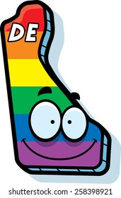 A cartoon illustration of the state of Delaware smiling with rainbow flag colors.