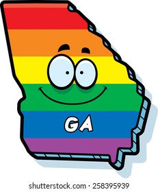 A cartoon illustration of the state of Georgia smiling with rainbow flag colors.
