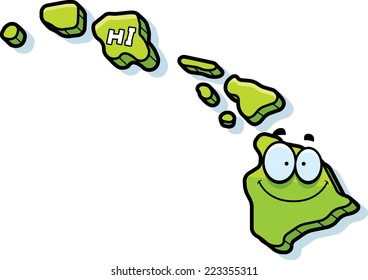 A cartoon illustration of the state of Hawaii smiling.