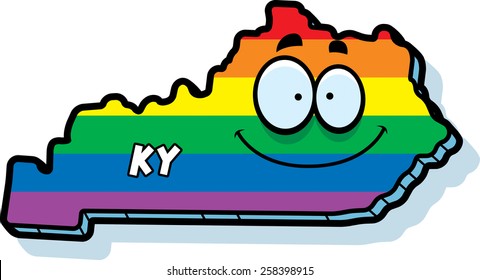 A cartoon illustration of the state of Kentucky smiling with rainbow flag colors.