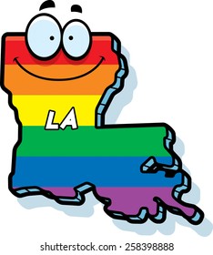 A cartoon illustration of the state of Louisiana smiling with rainbow flag colors.