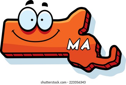 A cartoon illustration of the state of Massachusetts smiling.