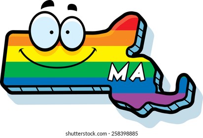 A cartoon illustration of the state of Massachusetts smiling with rainbow flag colors.