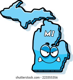 A cartoon illustration of the state of Michigan looking angry.