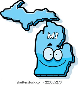A cartoon illustration of the state of Michigan smiling.