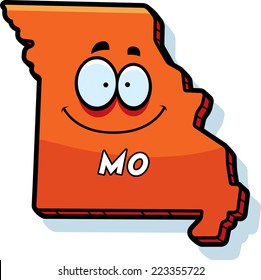 A cartoon illustration of the state of Missouri smiling.