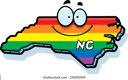 A cartoon illustration of the state of North Carolina smiling with rainbow flag colors.