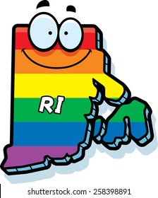 A cartoon illustration of the state of Rhode Island smiling with rainbow flag colors.