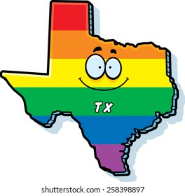 A cartoon illustration of the state of Texas smiling with rainbow flag colors.