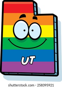 A cartoon illustration of the state of Utah smiling with rainbow flag colors.