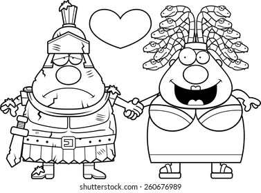 A cartoon illustration of a statue and Medusa holding hands.