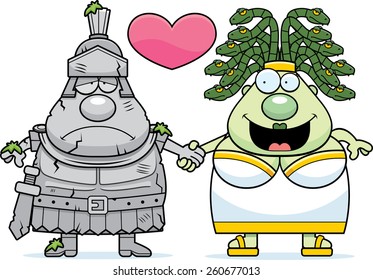 A cartoon illustration of a statue and Medusa holding hands.