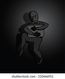 Cartoon Illustration Of A Stealth Spy Or Thief Stealing A Briefcase With Espionage Secrets