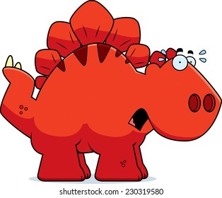 A cartoon illustration of a Stegosaurus dinosaur looking scared.