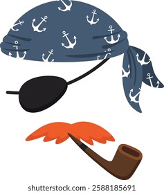 Cartoon illustration of a stereotypical pirate character wearing an anchor patterned blue bandana, eye patch and smoking a pipe with a bushy orange mustache