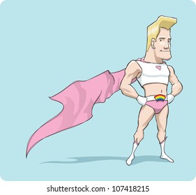 Cartoon illustration of a stereotypically homosexual male superhero standing with hands on hips and pink cape flowing out behind him.