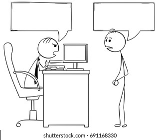 Cartoon illustration of stick man manager boss sitting in his office and talking to male employee.Two empty speech bubbles or balloons above their heads.