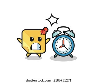 Cartoon Illustration of sticky note is surprised with a giant alarm clock , cute style design for t shirt, sticker, logo element