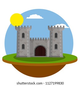 Cartoon illustration - stone fortress with a wall, gates and two towers. European ancient architecture-medieval knight's castle. Protection and security. military Fort. Citadel on a natural landscape 