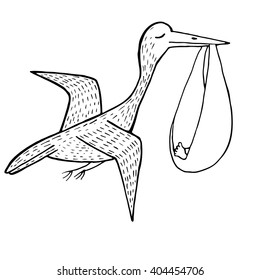 A cartoon illustration of a stork delivering a newborn baby isolated on white background in sketch style. Silhouette of animal for logo or print. Vector template for business card and banner