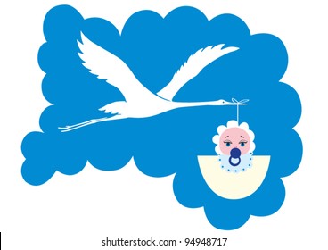 A cartoon illustration of a stork delivering a newborn baby boy