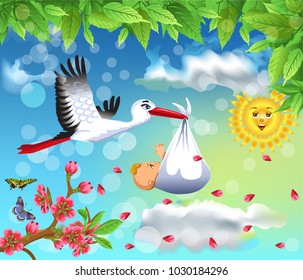 Cartoon illustration of a stork flying with a baby in a spring background