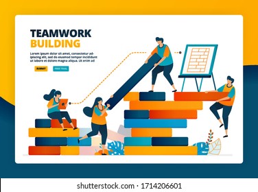 Cartoon illustration of strategy and planning in constructing the beam. Human development in teamwork, collaboration and build. Vector design for landing page website web banner mobile apps poster