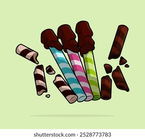 cartoon illustration of Straw wafers with various flavors coated with chocolate. can be used for menu, cover, cafe, restaurant, cookbook, ads, print, poster, website