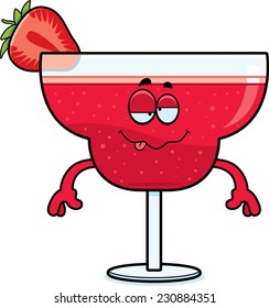 A cartoon illustration of a strawberry daiquiri looking drunk.