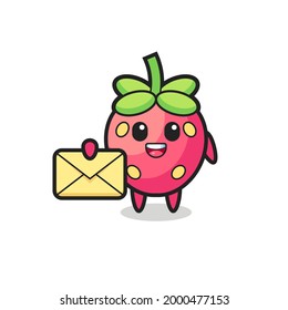 cartoon illustration of strawberry holding a yellow letter , cute style design for t shirt, sticker, logo element