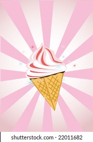 Cartoon illustration of strawberry ice cream on striped background. Vector illustration.