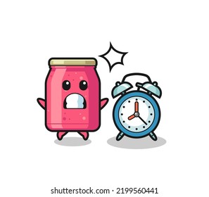 Cartoon Illustration of strawberry jam is surprised with a giant alarm clock , cute design