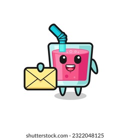 cartoon illustration of strawberry juice holding a yellow letter , cute style design for t shirt, sticker, logo element