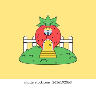Cartoon illustration strawberry shaped house with a yellow door and round window, sitting on a grassy hill with a white picket fence vector hand drawn