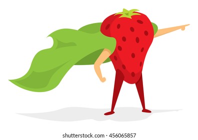 Cartoon illustration of strawberry super hero fruit standing with cape