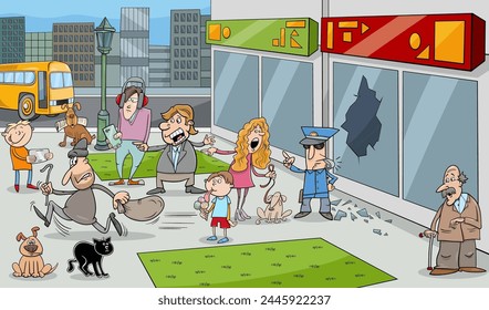 Cartoon illustration of street situation with running thief and policeman and onlookers people