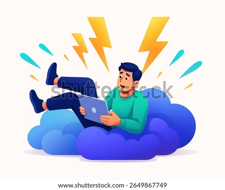 Cartoon illustration of a stressed man experiencing cloud computing issues with lightning bolts, sitting on a cloud while holding his laptop.