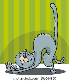 Cartoon Illustration of Stretching Happy Gray Cat