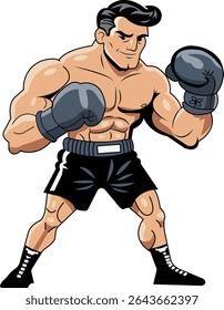 A cartoon illustration of a strong, muscular boxer in a classic fighting stance. He is wearing black boxing gloves and shorts, ready for a match. 