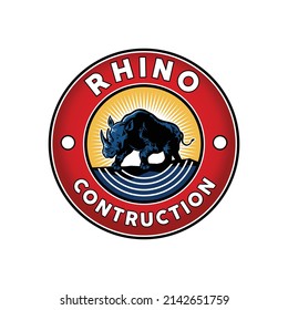 a cartoon illustration of a strong rhino mascot construction badge , logo design vector inspiration