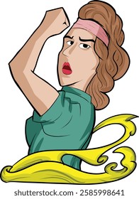 Cartoon illustration of a strong woman raising her fist, symbolizing feminism and empowerment. A bold, confident female character with a vintage look, perfect for posters, stickers, and inspirational 