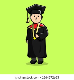 Cartoon illustration of student graduation. Male university graduate students with new degrees