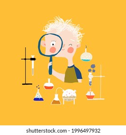 Cartoon Illustration of a Student holding a Magnifying Glass