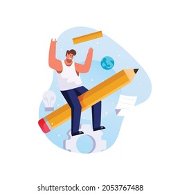 Cartoon illustration of a student riding a flying pencil vector background.