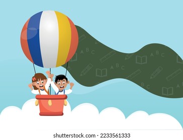 
Cartoon illustration of student and schoolgirl wearing uniform on rising air balloon on the light blue sky. Design for back to school.