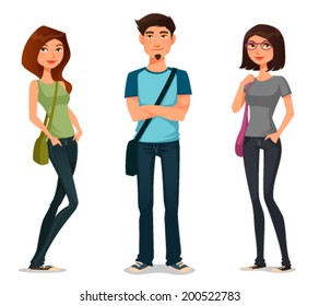cartoon illustration of students in casual fashion. Young people, isolated on white. Cartoon character.