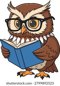 Cartoon illustration of a studious owl with glasses reading a book—ideal for education, wisdom, learning, and academic-themed creative projects.