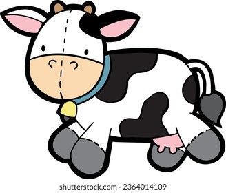 cartoon illustration of a stuffed animal in the shape of a white cow with black spots with a pink nose wearing a blue collar with a bell