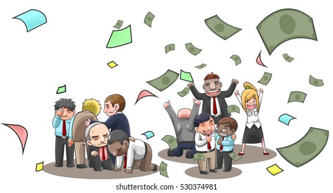 Cartoon illustration of successful and fail businesspeople, broker, and investor in stock market with money flying from investment. Financial stock business diversity concept in isolated (vector).