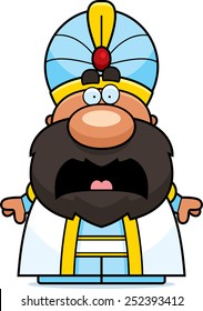 A cartoon illustration of a sultan looking scared.